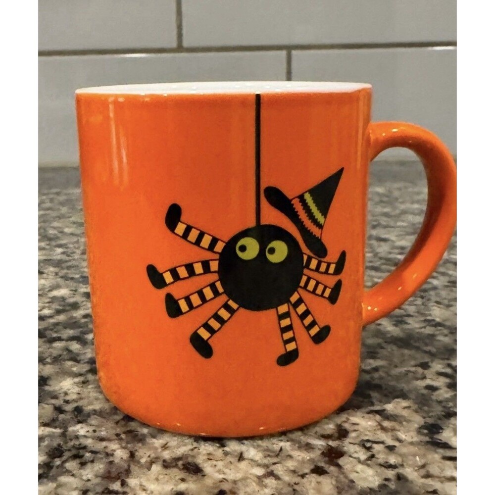 Crate & Barrel Halloween Orange Espresso / Demitasse Cup ~ Spider w/ Witch Hat